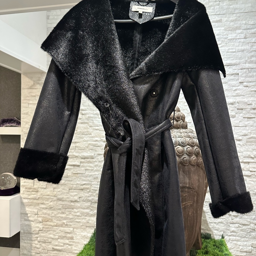 Hawke & Co Black Trench Coat Faux Fur Collar size Small